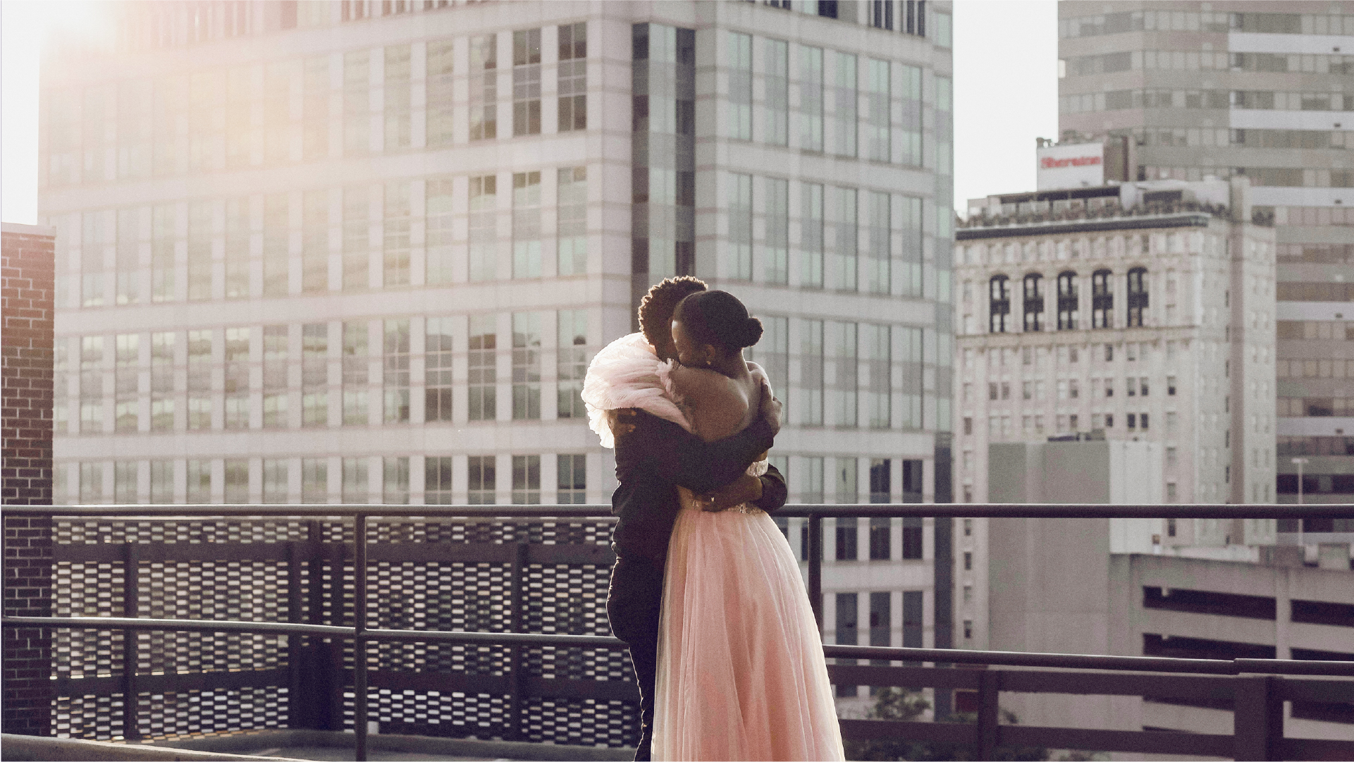 A couple embracing on their wedding day